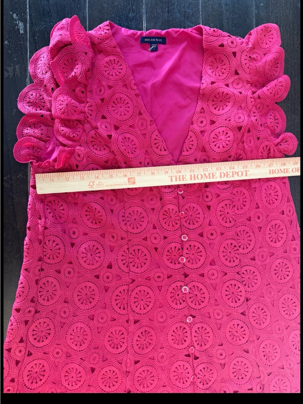 Skies Are Blue L Pink Crochet Lace Midi Dress Ruffle Sleeve V Neck Lined A-Line - Picture 4 of 9